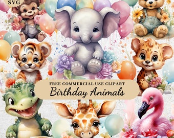 Pode incluir: Um conjunto de 10 ilustrações digitais coloridas de animais de desenho animado fofinhos, incluindo um tigre, um elefante, uma girafa, um flamingo, um crocodilo, um urso e um leopardo. Os animais estão cercados por balões e flores. O texto "FREE COMMERCIAL USE CLIPART Birthday Animals" é exibido na parte inferior da imagem.