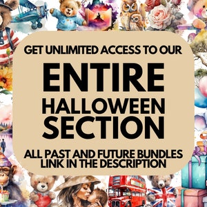 May include: A tan banner with the text "GET UNLIMITED ACCESS TO OUR ENTIRE HALLOWEEN SECTION ALL PAST AND FUTURE BUNDLES LINK IN THE DESCRIPTION" surrounded by watercolor illustrations of animals, objects, and a castle.