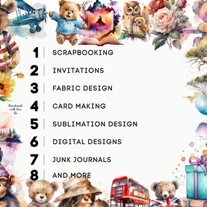 May include: A watercolour illustration with a list of 8 uses for digital designs, including scrapbooking, invitations, fabric design, card making, sublimation design, digital designs, junk journals, and more. The illustration features a variety of cute animals, including bears, owls, monkeys, and elephants.