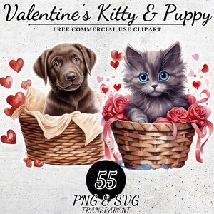 Clipart romântico de gatinho e cachorrinho em aquarela, decoração para download do dia dos namorados, amor sublimação SVG do dia dos namorados, PNG SVG transparente