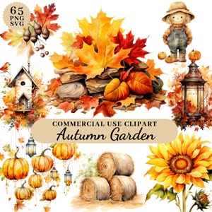 Acuarela Otoño Jardín Clipart Floral PNG SVG Arte de pared Descarga instantánea digital para uso comercial
