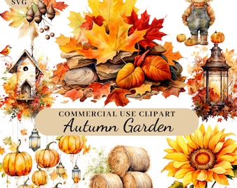 Watercolor Autumn Garden Clipart Floral PNG SVG Wall Art Digital Instant Download For Commercial Use