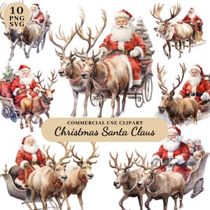 Clipart de Natal em aquarela de Papai Noel, clipart de inverno, rena de Papai Noel, clipart de decorações de Natal, clipart de feliz Natal