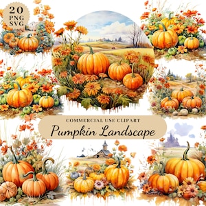 Clipart de paisagem de abóbora em aquarela, conjunto de clipart de outono aconchegante, clipart de cenas de outono, fazenda de outono outono, PNG SVG transparente
