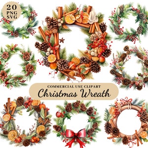 Clipart de guirlanda de Natal em aquarela, decorações de guirlandas de Natal, clipart de decorações de Natal, clipart de feliz Natal