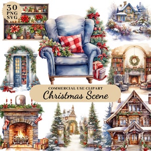 Imágenes prediseñadas de escena navideña en acuarela, imágenes prediseñadas de decoraciones navideñas, imágenes prediseñadas de chimenea navideña acogedora, decoración navideña, imágenes prediseñadas festivas