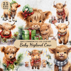 水彩画のクリスマス ハイランド牛の赤ちゃんのクリップアート、クリスマスの工芸品や装飾用のハイランド牛のアート、かわいいハイランド牛の赤ちゃんの SVG PNG