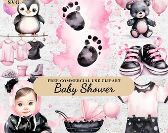 Pink and Black Baby Shower Clipart Decorations, Baby Shower Digital Download, Babyshower Clipart PNG SVG, Clipart Babyshower Invitation