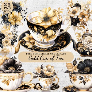 Acuarela taza de oro de imágenes prediseñadas de té, imágenes prediseñadas de tazas de café, imágenes prediseñadas de tazas de flores doradas y negras, imágenes prediseñadas de la hora del té, imágenes prediseñadas SVG PNG transparente