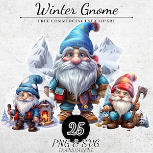 Gnomo de invierno en acuarela SVG, paquete de imágenes prediseñadas de invierno, gnomo de jardín PNG, imágenes prediseñadas festivas, imágenes prediseñadas de decoraciones navideñas, diario basura