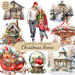 Aquarel kersttuin clipart, kerstversiering clipart, kerst winter clipart, wintervakantie illustraties, winter schattige clipart