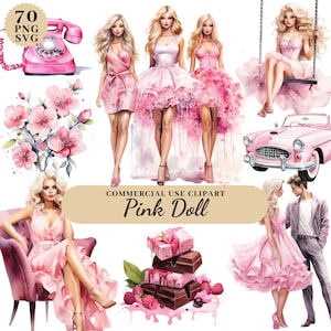 Paquete de imágenes prediseñadas de muñecas de moda en acuarela, imágenes prediseñadas de muñecas princesas, imágenes prediseñadas de púas, imágenes prediseñadas de decoración de niñas, gráficos de muñecas de moda rosas, muñecas de niña PNG