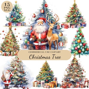 Clipart albero di Natale ad acquerello, clipart albero di pino, clipart decorazioni natalizie, clipart di buon Natale, artigianato con carta digitale