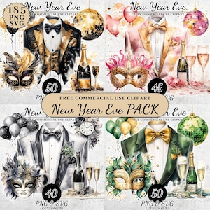 Aquarel Happy New Year Clipart Bundel, Nieuwjaars Decoraties PNG SVG, New Years Party Decor, New Years Eve Digitale Download, Paper Craft