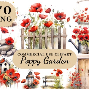 70 Pacote de clipart de jardim de papoula Pacote de flores em aquarela, clipart de guirlanda de papoula, clipart de flor de nascimento, clipart artístico artístico, uso comercial