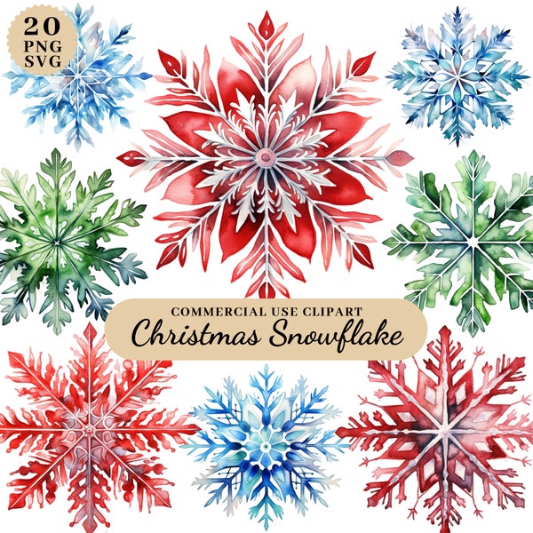 Aquarelle hiver flocon de neige Clipart, flocon de neige SVG PNG, flocons de neige hiver, flocons de neige de Noël, cliparts de décorations de Noël