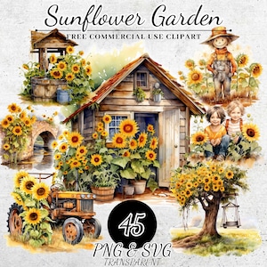Watercolor Sunflower Garden Clipart, Botanical Sunflower Clipart, Wedding ClipartSunflower Artful Art, Sunflowers Clipart, Floral Bouquet