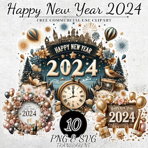 Happy New Year 2024 Clipart, décorations du nouvel an PNG SVG, décoration de fête du nouvel an, téléchargement numérique pour la Saint-Sylvestre, journal indésirable, créations en papier
