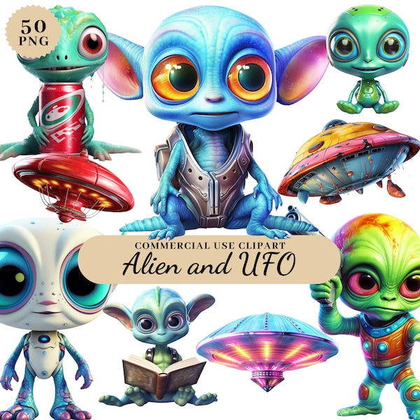 Cute Alien Clipart Set, Alien Clip Art Illustrations, Aliens UFO, Space Clipart Designs, Gifts For Boys, Commercial Use, Transparent PNG