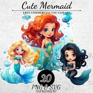Aquarelle Mignonne Sirène Clipart, Petite Sirène Clipart PNG SVG, Sous la mer Graphique, Sirène Princesse Clipart, Sirènes Clipart numérique