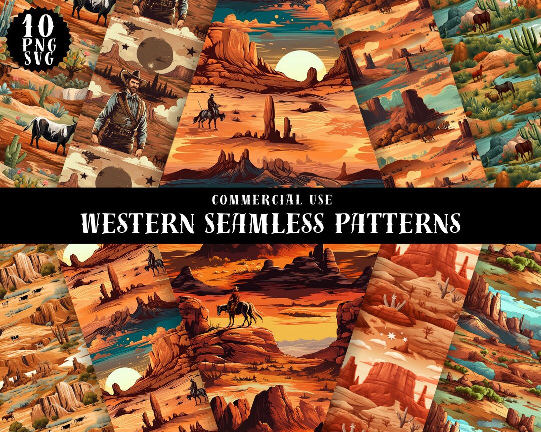 Seamless Western Pattern Bundle Digital Paper, Downloadable Cowboy, Printable Seamlesspattern ...