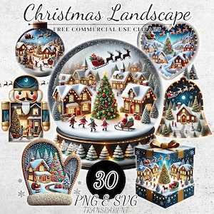 Christmas Landscapes Clipart - 30 PNG Festive Scenes, X-mas Printables, Instant Digital Download, Unlimited Commercial Use Designs
