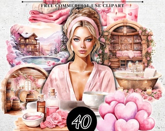 Watercolor Valentine SPA Clipart PNG SVG, Valentine Days Decorations, Spa Girl Clipart, Relax Clipart, Wellness clipart, Self Care Clipart