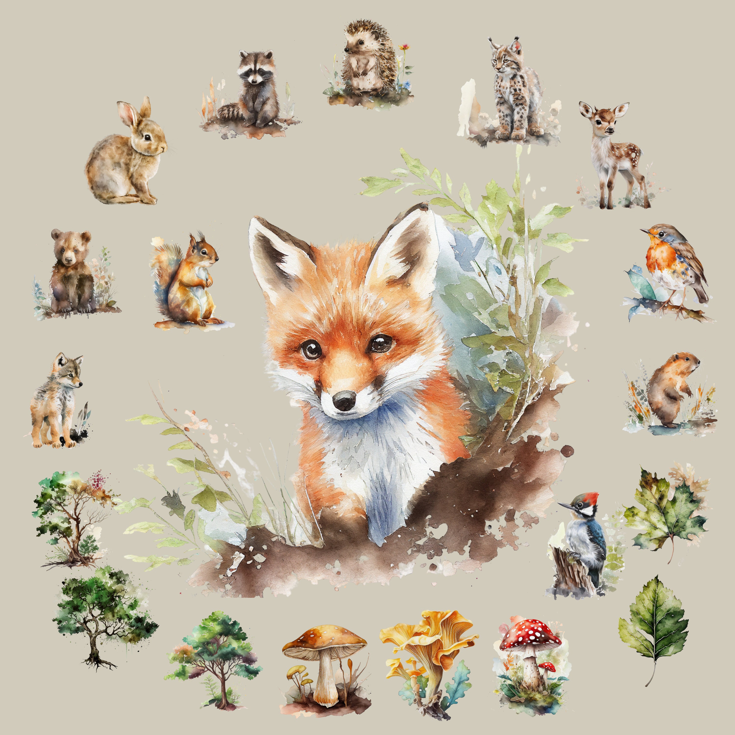 Woodland Animals Clipart Watercolor, Nursery Decor Clipart, Commercial ...