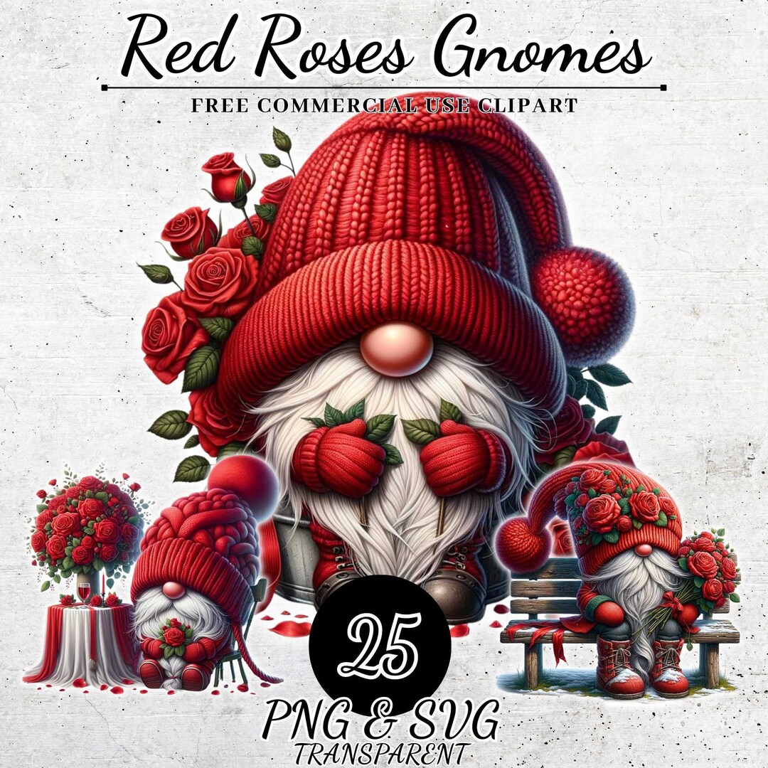 Downloadable Red Roses Gnome Clipart, Gnomes Watercolor Clipart ...