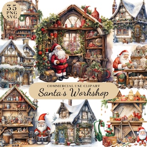 Clipart atelier père Noël, père Noël SVG Noël, décorations du père Noël Clipart de décorations de Noël, téléchargement père Noël