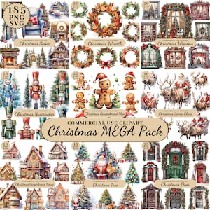 Paquete de imágenes prediseñadas de Navidad en acuarela, imágenes prediseñadas de decoraciones navideñas, imágenes prediseñadas de chimenea navideña acogedora, decoración navideña, imágenes prediseñadas festivas