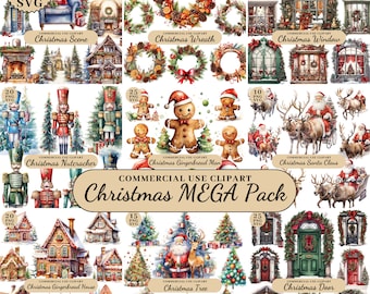 Watercolor Christmas Bundle Clipart, Christmas Decorations Clipart, Cozy Christmas Fireplace Clipart, Xmas Decor, Festive Clipart