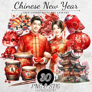 Bundle de cliparts nouvel an chinois, décorations du nouvel an PNG SVG, décoration de fête du nouvel an, nouvel an lunaire chinois, téléchargement numérique du nouvel an