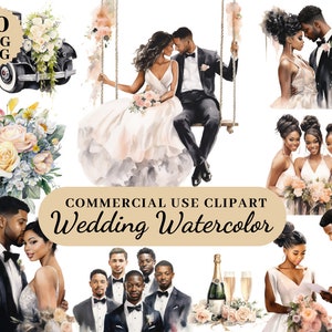 Imágenes prediseñadas del paquete del día de la boda del país de la acuarela, imágenes prediseñadas de la novia y el novio negros, imágenes prediseñadas de invitaciones de boda, imágenes prediseñadas de la boda romántica