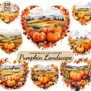 Pacchetto di clipart paesaggio zucca acquerello, set di clipart autunnale ozy, fattoria autunnale, clipart di scene autunnali, Halloween, PNG trasparente