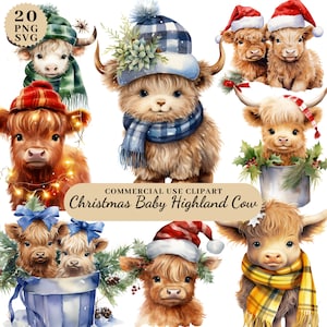 Aquarelle Noël bébé vache Highland Clipart, Art vache Highland pour travaux manuels et décoration de Noël, mignon bébé vache Highland SVG PNG