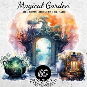 Watercolor Magical Garden Clipart, Magical Witch Clipart, Mystical Clipart, Witchcraft Clipart, Fantasy Paper Crafts, Transparent PNG SVG