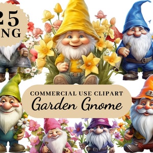 May include: A collection of whimsical garden gnome illustrations. Each gnome wears a colorful hat and outfit, surrounded by flowers. The image includes the text "25 PNG" and "COMMERCIAL USE CLIPART Garden Gnome."