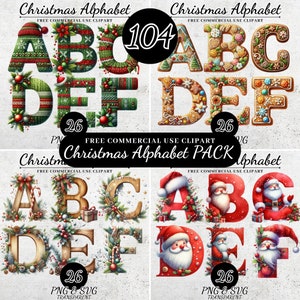 Paquete de imágenes prediseñadas del alfabeto navideño, letras de sublimación navideñas retro, fuente de letras del alfabeto navideño SVG PNG, conjunto de alfabeto en mayúsculas