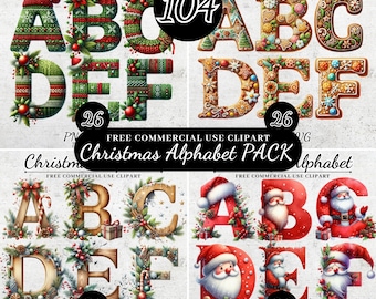 Christmas Alphabet Clipart Bundle, Retro Christmas Sublimation Letters, Christmas Alphabet Letter Font SVG PNG, Uppercase Alphabet Set