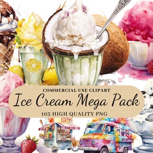 103 PNG Watercolor Ice Cream Clipart, Ice Truck, Cones and Sundaes, Summer Clipart, Instant Download, Transparent PNG, Commercial Use