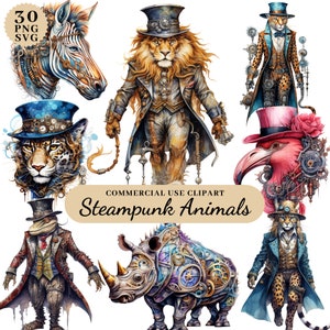 Paquete de imágenes prediseñadas de acuarela Steampunk Safari Animals, imágenes prediseñadas descargables Steampunk, efímera animal Steampunk, animal Steampunk de fantasía