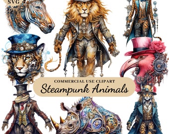 Watercolor Steampunk Safari Animals Clipart Bundle, Downloadable Clipart Steampunk, Steampunk Animal Ephemera, Fantasy Steampunk Animal