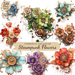 Paquete de imágenes prediseñadas de flores Steampunk de acuarela, imágenes prediseñadas de fantasía Steampunk, imágenes prediseñadas descargables Steampunk, imágenes prediseñadas de flores de nacimiento PNG transparente