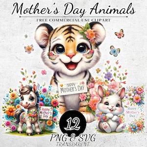 Clipart de animais do dia das mães, PNG floral do dia das mães, clipart de animais do bebê Safari, gráficos reconfortantes do dia das mães, imagens de amor maternal
