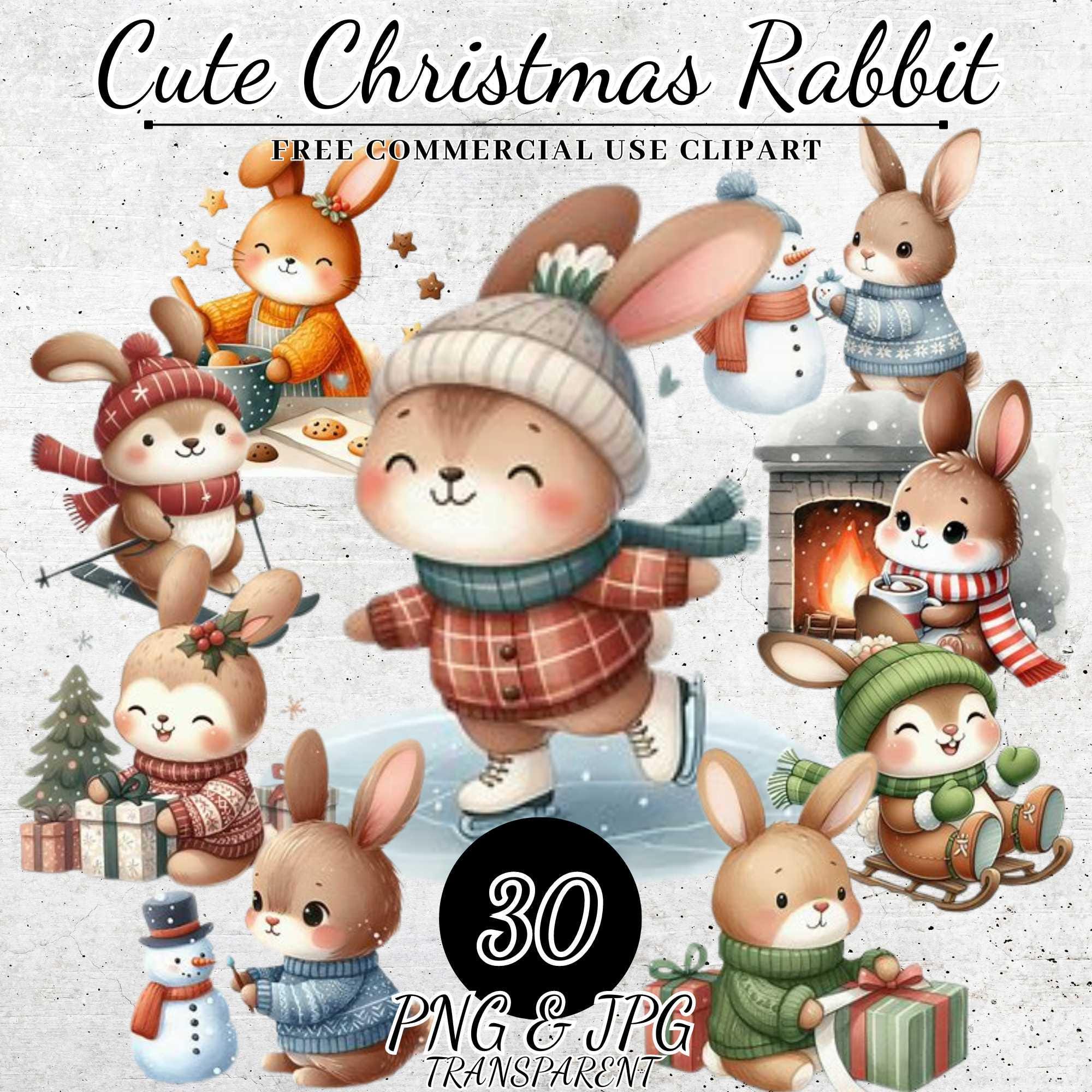 Woodland Christmas Bunny Clipart, Festive Bunny Graphics, Cute Holiday ...