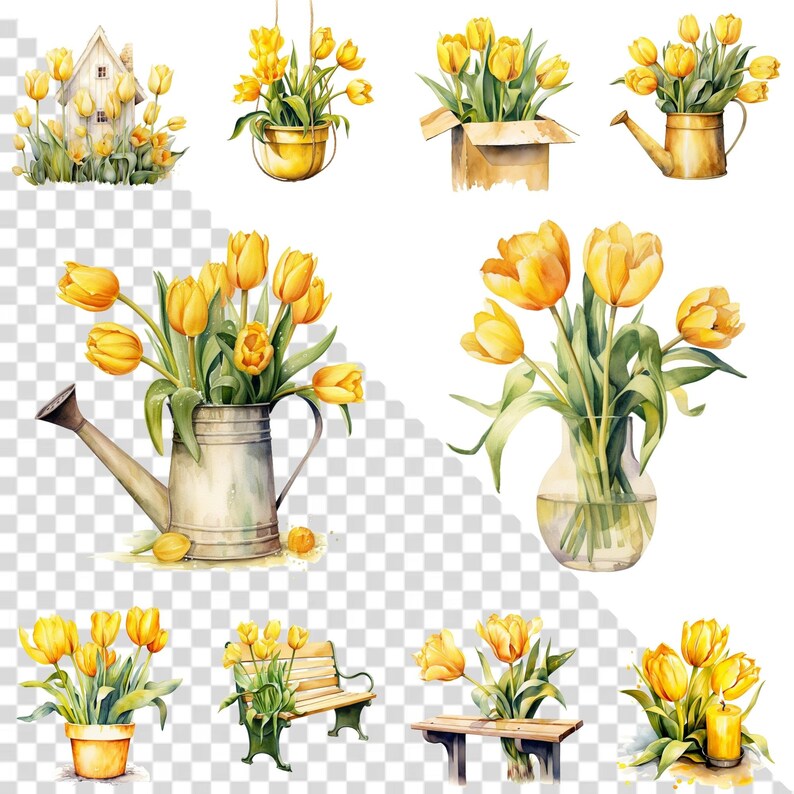 Watercolor Yellow Tulip Garden Clipart, Spring Decorations Clipart ...