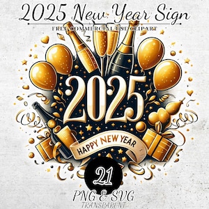 Feliz Ano Novo 2025 Clipart, Decorações de Ano Novo PNG SVG, Decoração de Festa de Ano Novo, Download Digital de Véspera de Ano Novo, Diário de Lixo, Artesanato em Papel