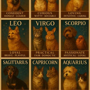 Niestandardowy portret zwierzęcia zodiakalnego – spersonalizowana sztuka astrologii zwierzęcej, pobieranie cyfrowe w stylu vintage, sztuka ścienna ze znakiem zodiaku dla psów, kotów i nie tylko