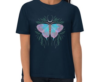 Butterfly Design Unisex Organic Cotton T-Shirt, Pink & Blue Butterfly, Butterfly w/Plants Image Shirt, Eco Apparel, Oversized T-Shirt